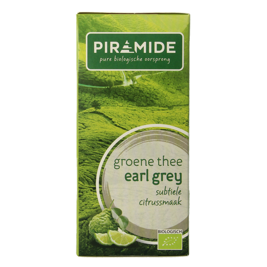 Piramide Groene Thee & Earl Grey organic tea bags, eco-friendly, 20 count, in pyramid-shaped tea infuser bags.