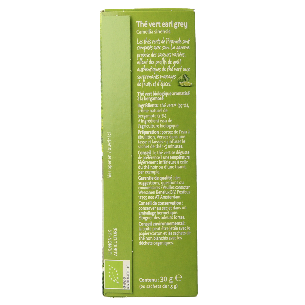 Piramide Groene thee & Earl Grey bio organic tea pyramid bags, eco-friendly packaging, 20 tea infusers in the image.