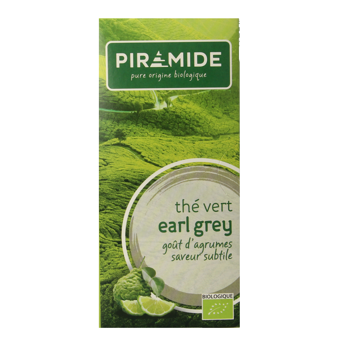 Piramide Groene Thee & Earl Grey organic tea bags in a box, eco-friendly packaging, with green tea leaves and Earl Grey flavor visible.