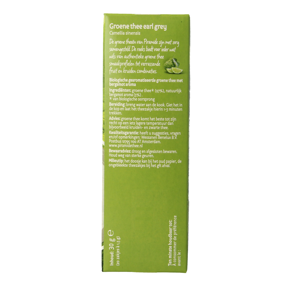 Piramide groene thee en Earl Grey biologische thee in 20 tea bags, eco-friendly packaging, vibrant green and black tea blend.