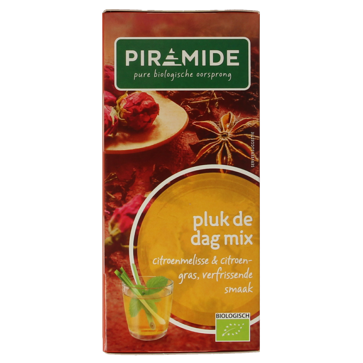 Piramide Pluk de dag mix bio tea bags, 20-count, featuring a pyramid-shaped packaging with a variety of organic tea blends.