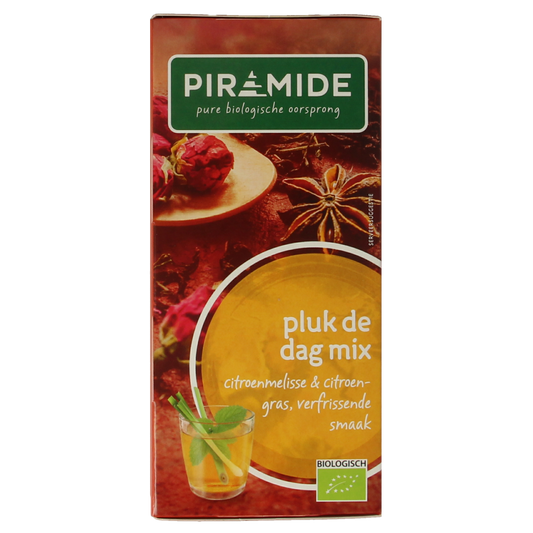 Piramide Pluk de dag mix bio tea bags, 20-count, featuring a pyramid-shaped packaging with a variety of organic tea blends.