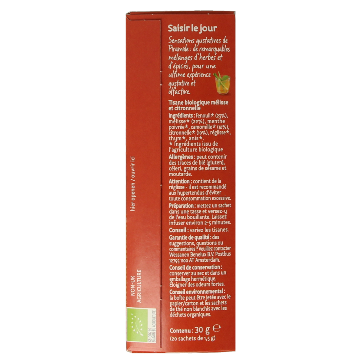 Piramide Pluk de dag organic tea pyramid bags, 20-count, displayed in a box with tea leaves and pyramid-shaped packaging.