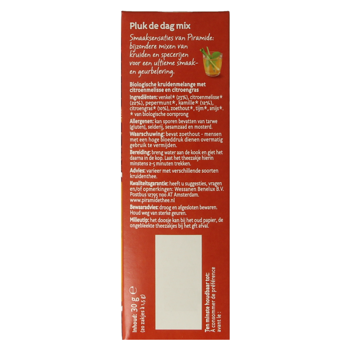 Piramide Pluk de dag mix bio tea in 20 tea bags, natural herbal blend in a box.