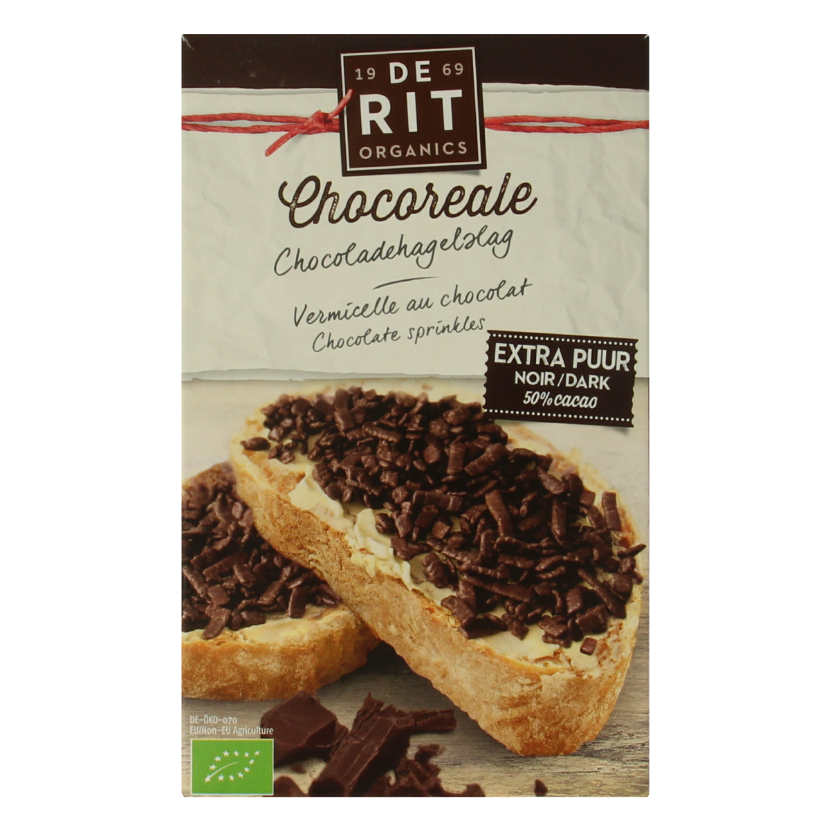 De Rit Chocoreale hagelslag extra puur bio broodbeleg in 200g, dark chocolate sprinkles for bread or toast.