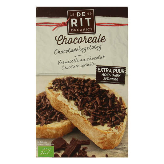 De Rit Chocoreale hagelslag extra puur bio broodbeleg in 200g, dark chocolate sprinkles for bread or toast.