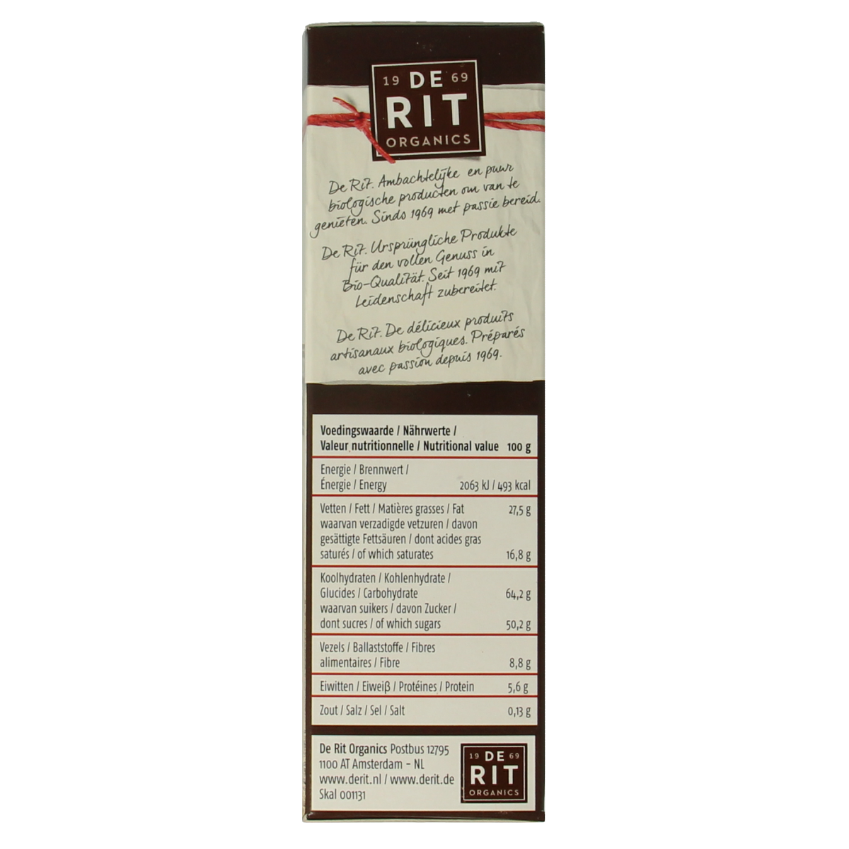 De Rit Chocoreale extra puur bio hagelslag spread on bread, dark chocolate sprinkles, 200g package, natural and organic.