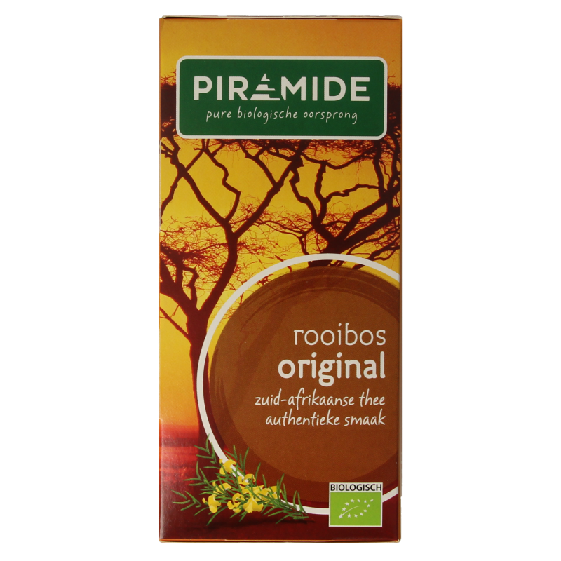 Piramide Rooibos original bio tea bags, 20-pack, in a box with tea bags visible, natural and organic herbal tea product