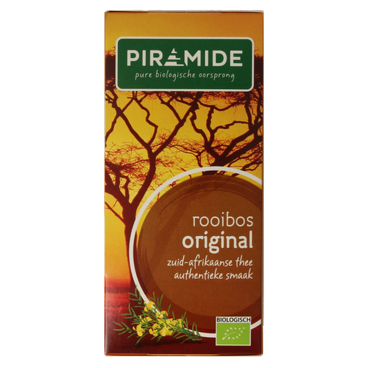 Piramide Rooibos original bio tea bags, 20-pack, in a box with tea bags visible, natural and organic herbal tea product