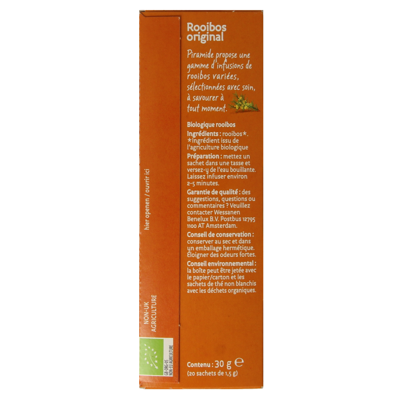 Piramide Rooibos original organic tea bags, 20-count, with pyramid-shaped tea infuser bags for flavorful herbal tea.