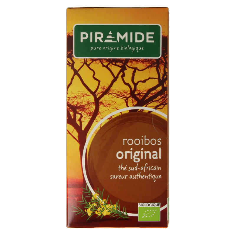 Piramide Rooibos original organic tea in 20 tea bags, featuring pyramid-shaped infuser bags for a flavorful brew.