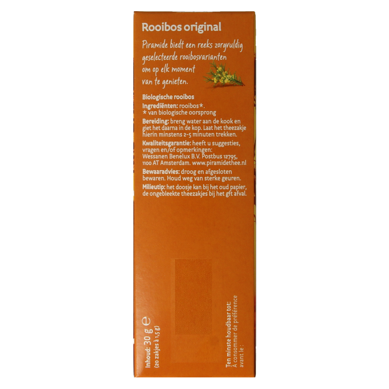 Piramide Rooibos Original bio tea bags, 20-pack, natural herbal tea with pyramid-shaped infuser bags.