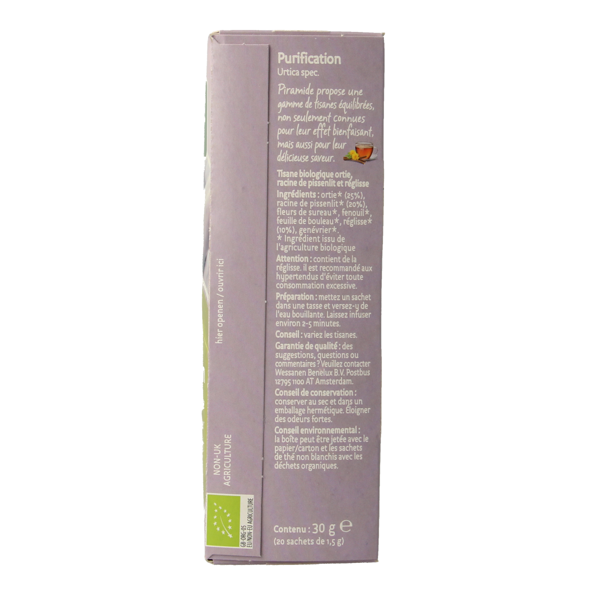 Piramide Detox thee eco-biological tea in a box with 20 tea bags, featuring pyramid-shaped infuser bags.