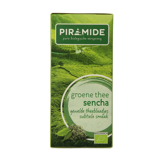 Piramide groene thee sencha bio tea bags box with 20 sachets, featuring green tea leaves and natural packaging.