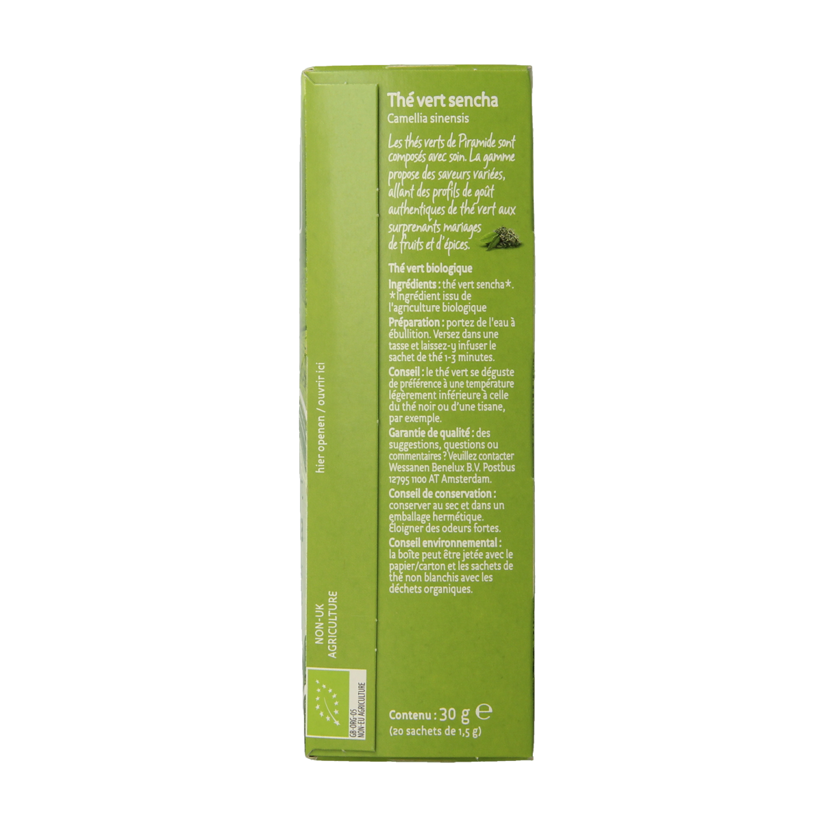 Piramide groene thee sencha bio tea pyramid bags, 20 count, in green packaging with tea leaves visible inside.