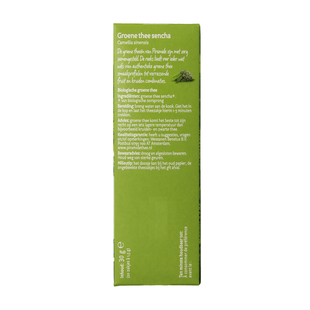 Piramide Bio Green Sencha Tea, 20 tea bags, fresh green tea leaves in pyramid-shaped tea infuser bag