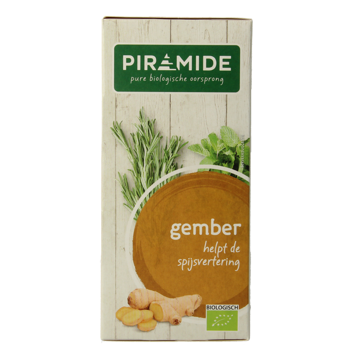 Piramide organic ginger tea pyramid bags, eco-friendly, with 20 tea sachets, shown in a close-up image.