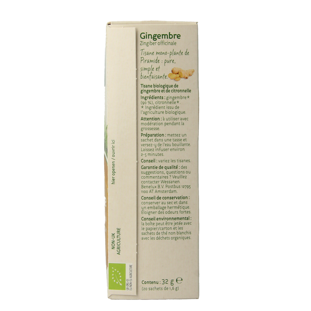Piramide organic ginger tea bags, eco-friendly packaging, 20 tea sachets, natural ginger flavor in a pyramid-shaped tea bag.