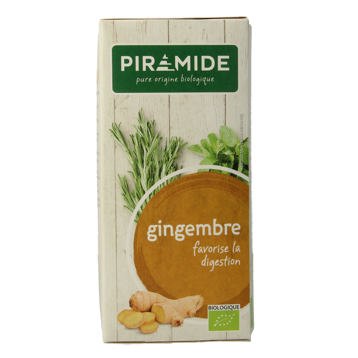 Piramide organic ginger tea pyramid infuser bags, 20-count, in a box, with fresh ginger root and tea leaves visible.
