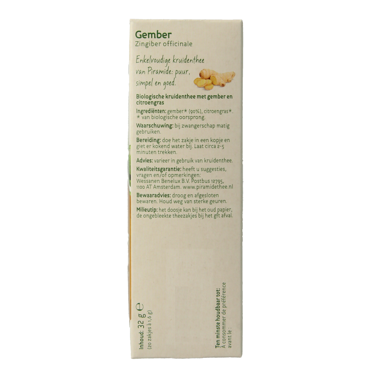 Organic Piramide Gember thee in 20 eco-friendly tea bags, showcasing fresh ginger flavor and natural packaging.