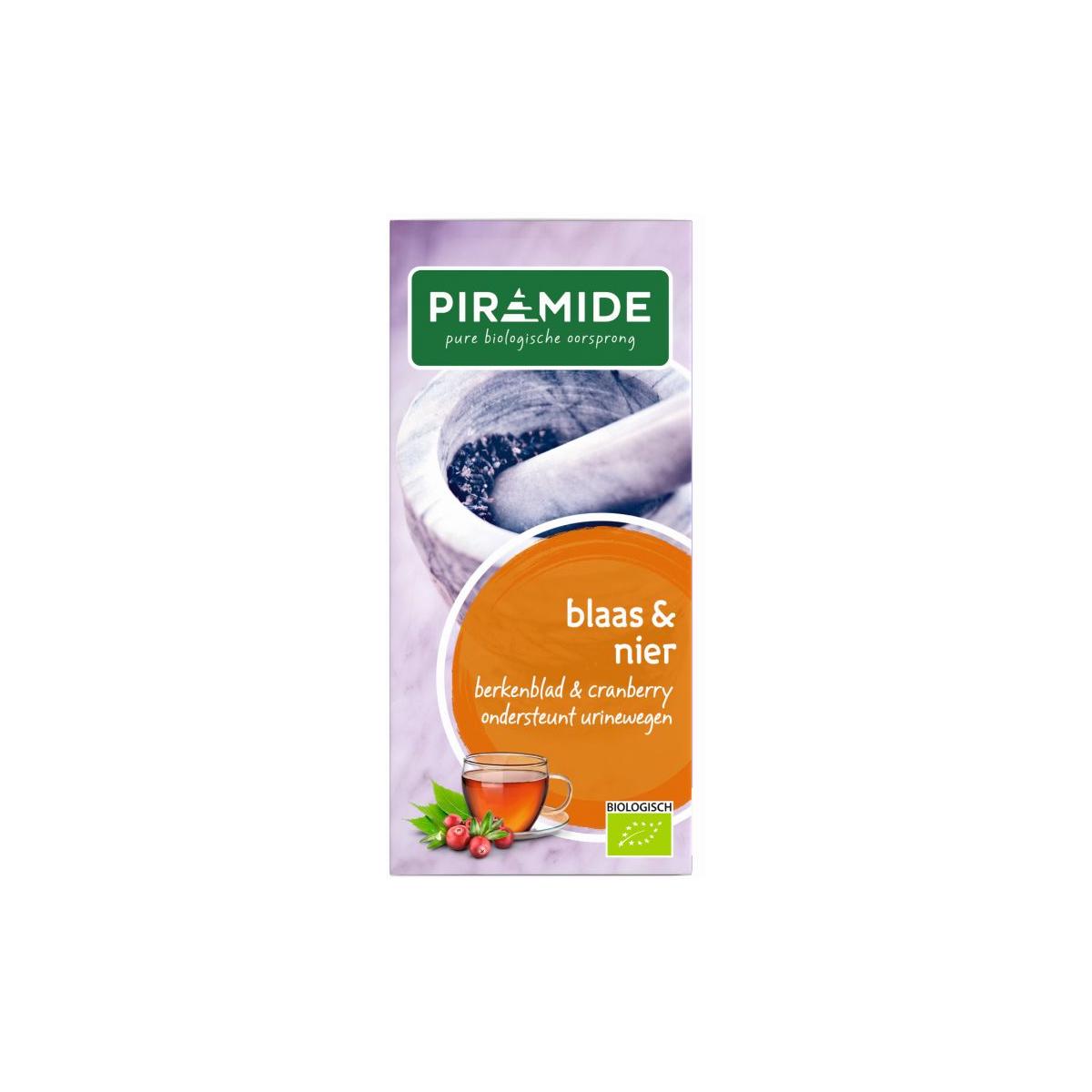 Piramide bio blaas en nierkruiden thee in zakjes, herbal tea with medicinal herbs, in a clear packaging.