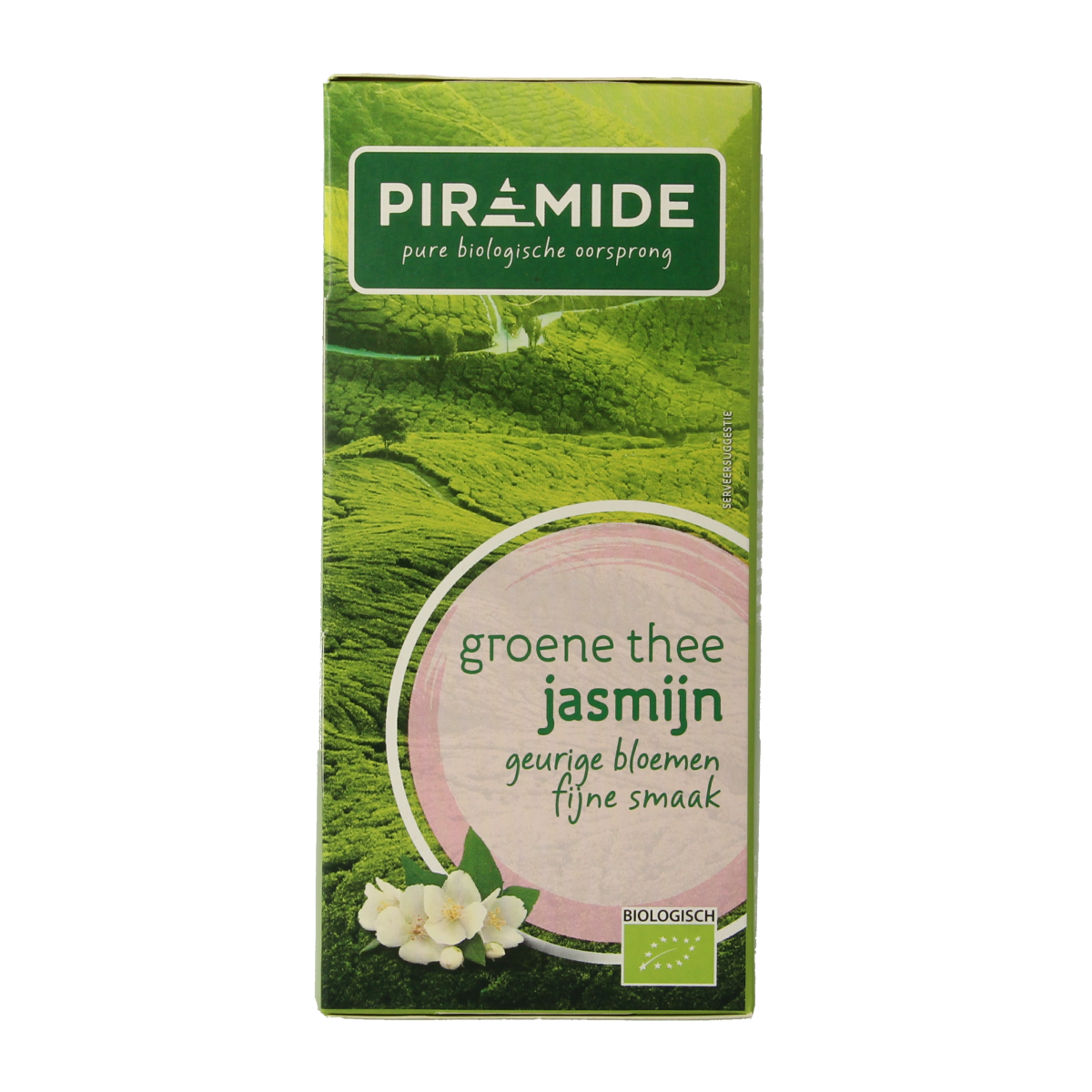 Piramide groene thee en jasmijn in bio eco zakjes, 20 stuks, with green tea leaves and jasmine flowers in a transparent infuser bag.