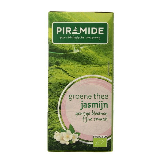 Piramide groene thee en jasmijn in bio eco zakjes, 20 stuks, with green tea leaves and jasmine flowers in a transparent infuser bag.