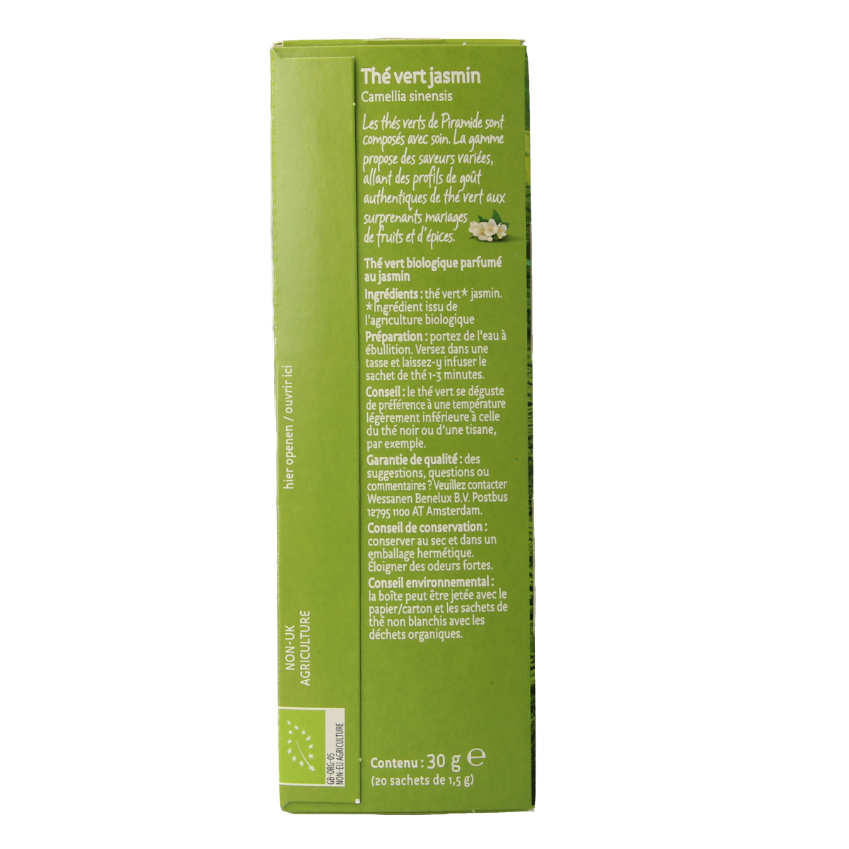 Piramide groene thee en jasmijn bio in 20 zakjes, eco-friendly, with fresh green tea leaves and jasmine flowers, in a pyramid-shaped bag