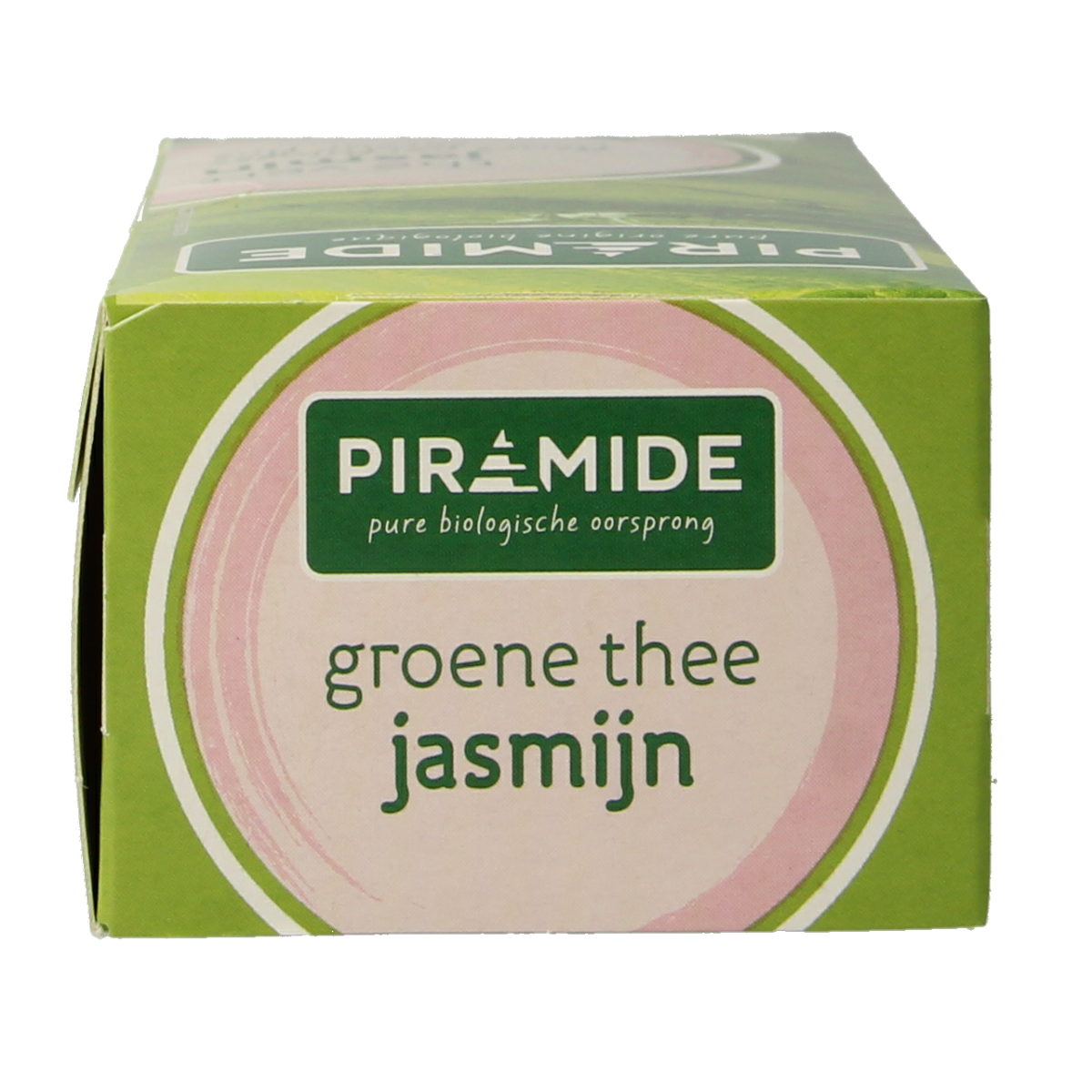 Piramide groene thee en jasmijn bio in zakjes, eco-friendly packaging, fresh green tea leaves with jasmine aroma.