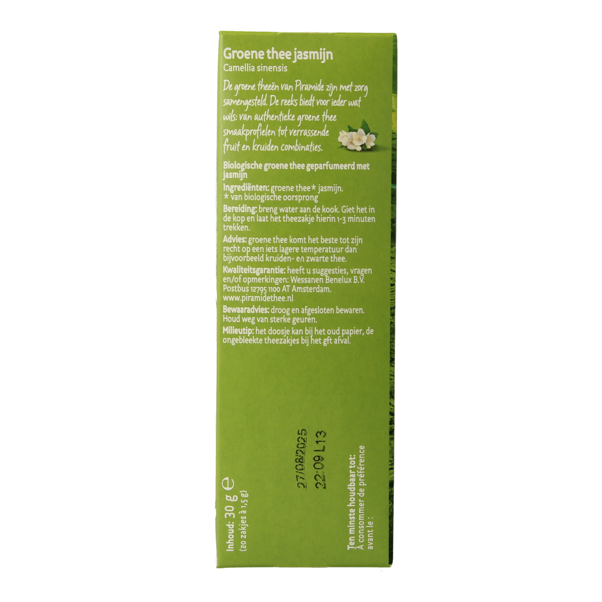 Piramide groene thee en jasmijn biologische thee in 20 zakjes, fresh green tea blend with jasmine aroma, eco-friendly packaging