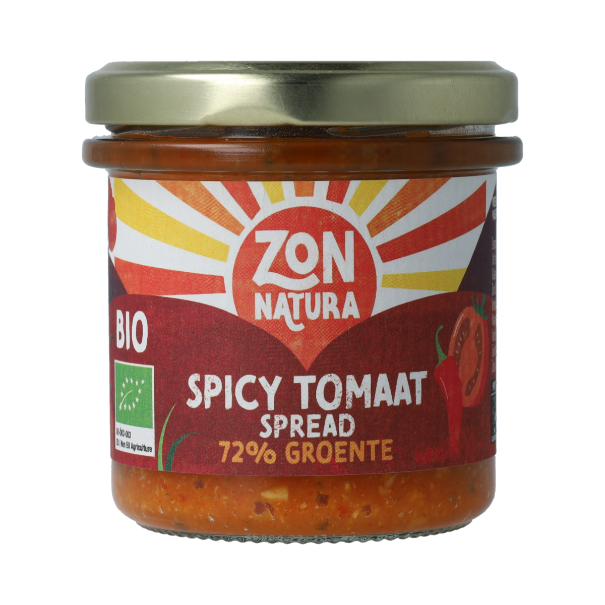 Zonnatura spicy tomato groentespread on bread, organic vegetable spread with spicy flavor in 135g jar.