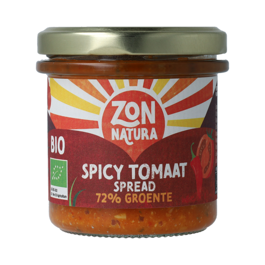 Zonnatura spicy tomato groentespread on bread, organic vegetable spread with spicy flavor in 135g jar.