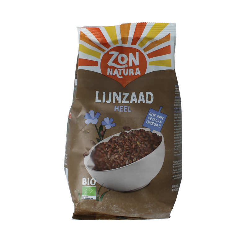 Zonnatura organic flaxseed in a 400g package, raw superfood with whole flax seeds on a plain background.