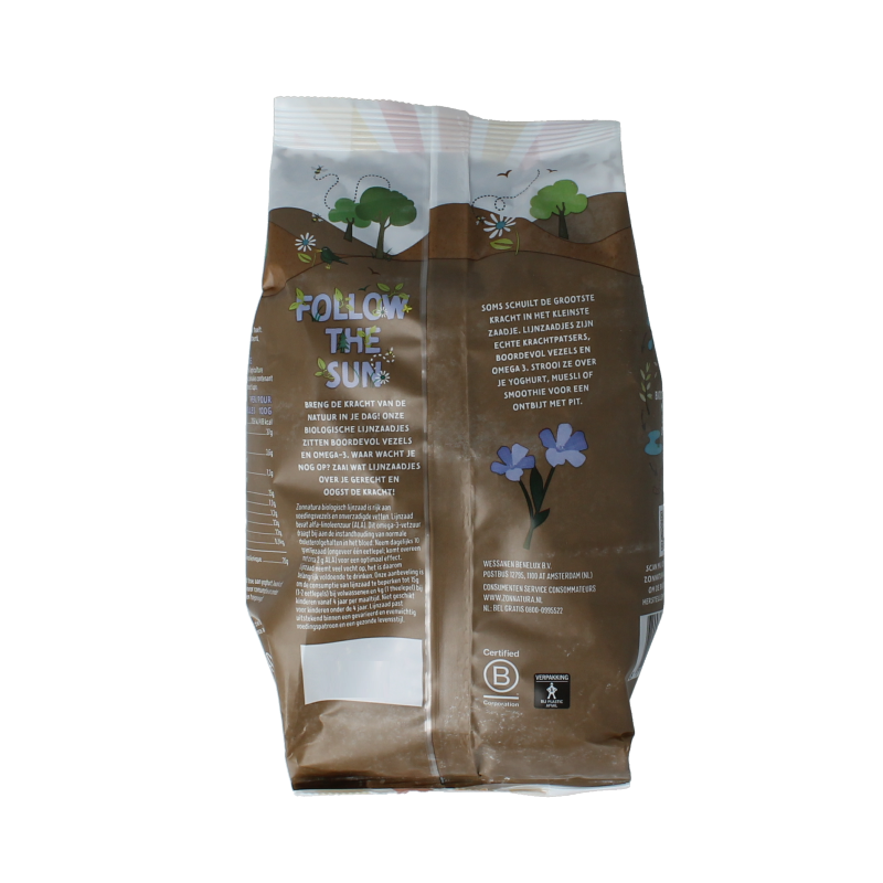 Zonnatura bio linseed in a 400g package, raw superfood with whole flaxseeds on a white background.