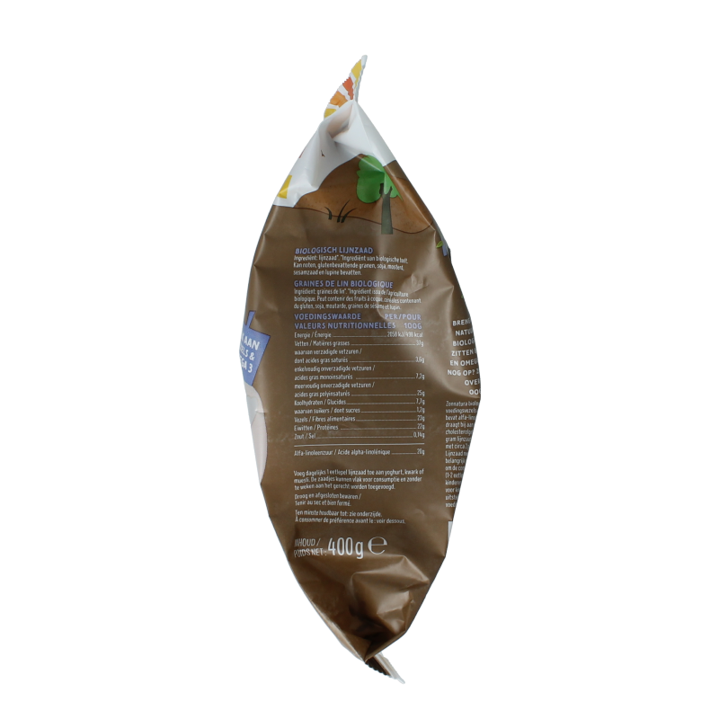 Zonnatura bio lijnzaad, 400 gram, raw superfood, close-up of golden flax seeds in a clear container.