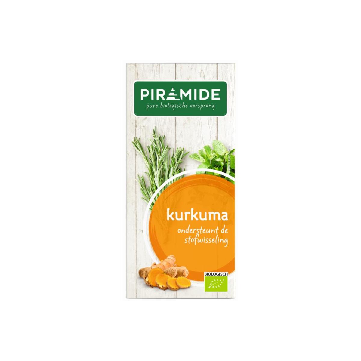 Piramide bio kurkuma thee in 20 tea bags, featuring a pyramid-shaped packaging with turmeric and herbal ingredients.
