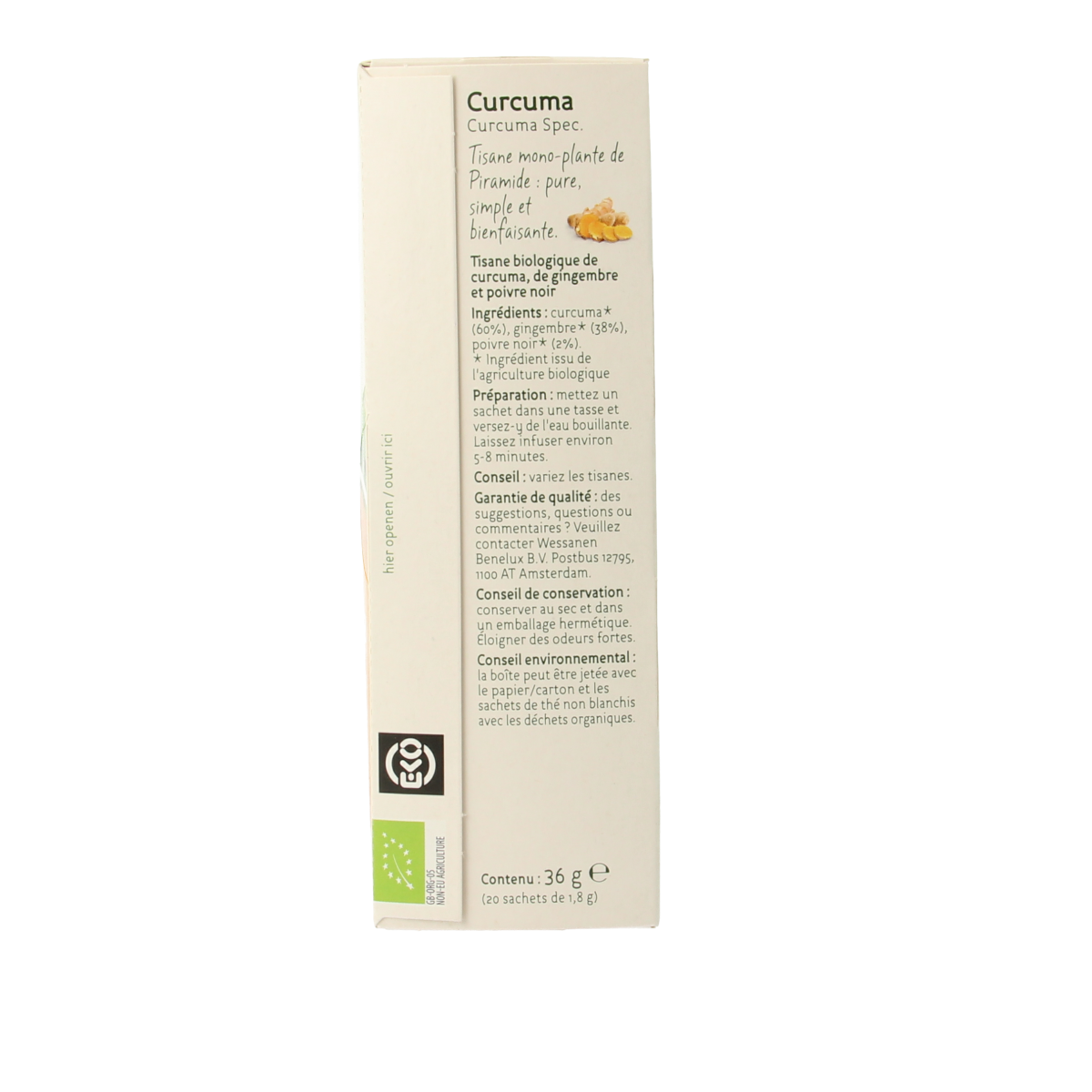 Piramide bio turmeric tea pyramid bags, 20-count, with fresh turmeric root and herbal infusions in a clear box.