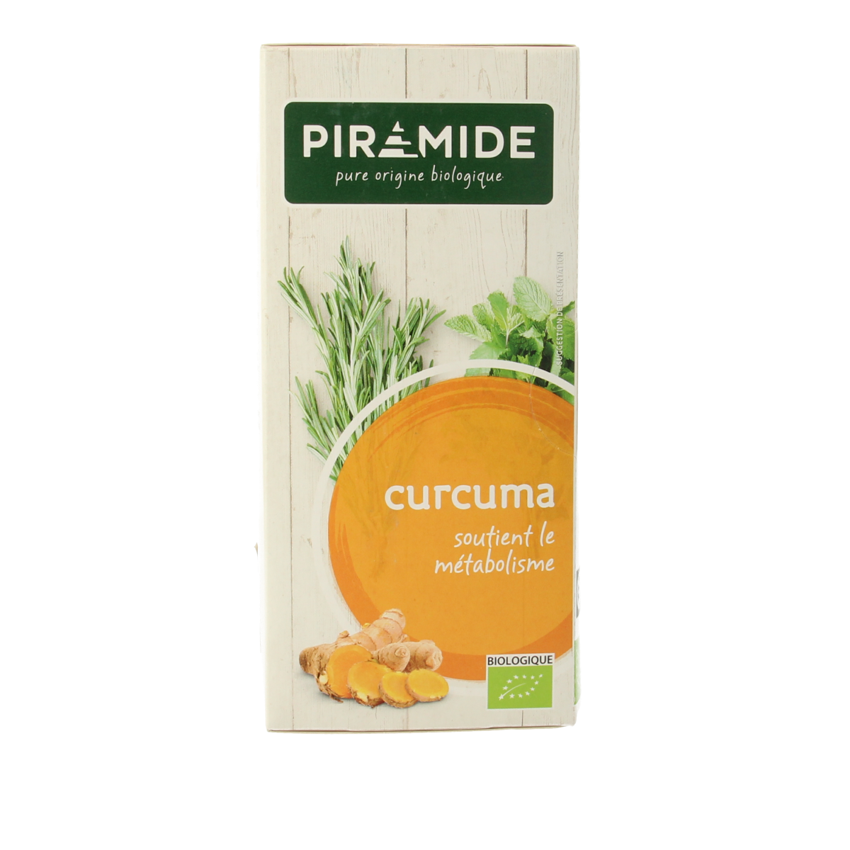 Piramide bio kurkuma thee in a box with 20 tea bags, natural turmeric flavor, in a resealable package.