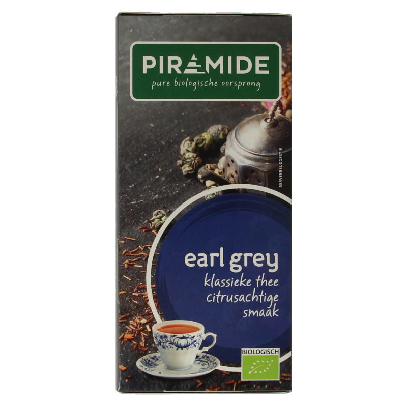 Piramide Earl Grey bio tea pyramid bags, 20 eco-friendly tea sachets, natural citrus and bergamot flavor, for aromatic tea brewing.