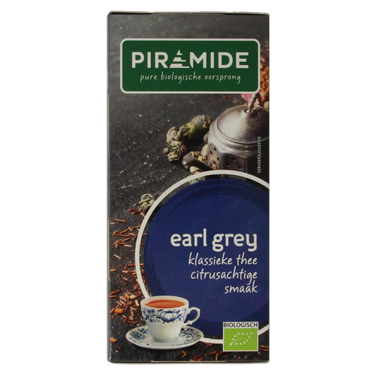 Piramide Earl Grey bio tea pyramid bags, 20 eco-friendly tea sachets, natural citrus and bergamot flavor, for aromatic tea brewing.