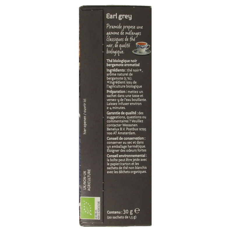 Piramide Earl Grey organic tea bags, 20-count, in biodegradable pyramid infuser boxes, with citrus and bergamot flavor.