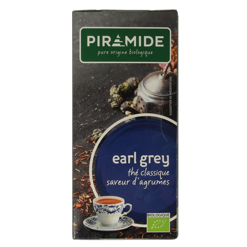 Piramide Earl Grey bio tea pyramid bags, eco-friendly packaging, 20 tea sachets, natural bergamot flavor, in a box.
