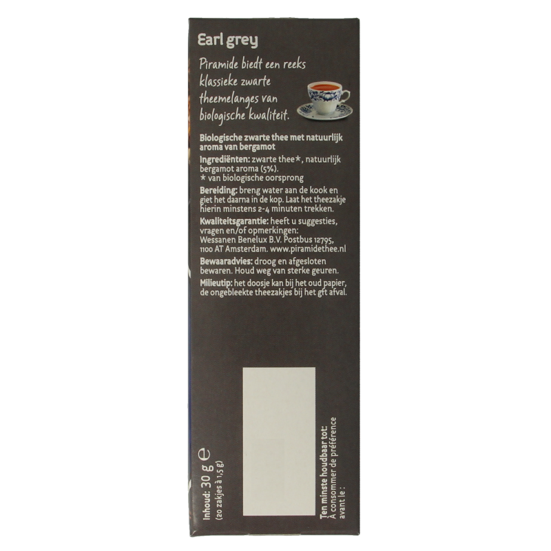 Piramide Earl Grey tea in eco-friendly bio tea bags, 20-count box, showcasing individual tea bags with tea leaves and packaging.