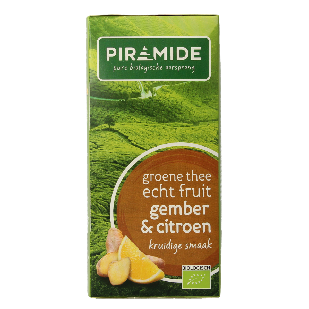 Piramide groene thee met gember en citroen in bio zakjes, featuring fresh lemon and ginger slices on the tea packaging.