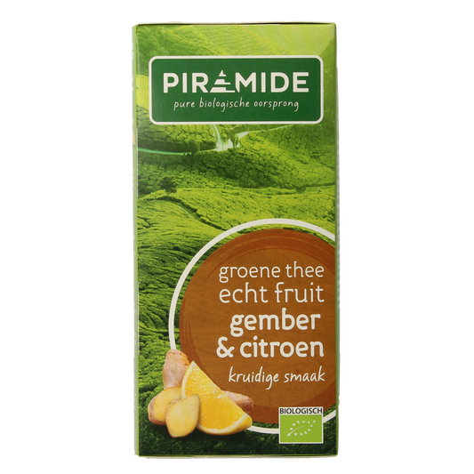 Piramide groene thee met gember en citroen in bio zakjes, featuring fresh lemon and ginger slices on the tea packaging.