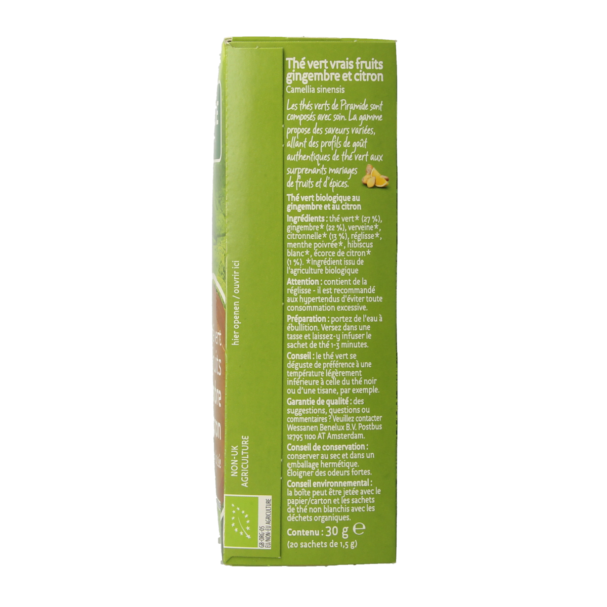 Piramide groene thee met gember en citroen biologische thee in zakjes, fresh green tea with ginger and lemon.