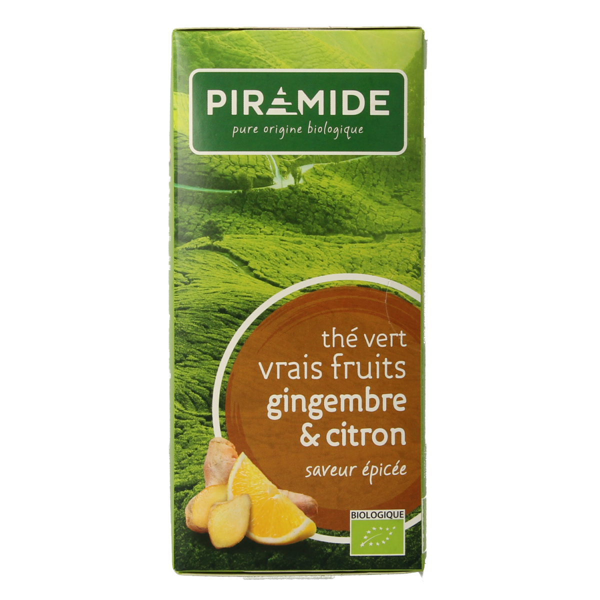 Piramide groene thee met gember en citroen in biologisch zakjes, fresh and aromatic tea for wellness.
