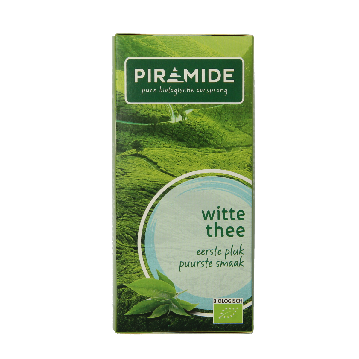Piramide Witte Thee Original Eko Bio in 20 tea bags, organic white tea in pyramid-shaped biodegradable tea bags.