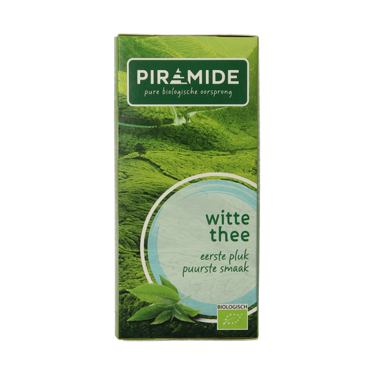 Piramide Witte Thee Original Eko Bio in 20 tea bags, organic white tea in pyramid-shaped biodegradable tea bags.