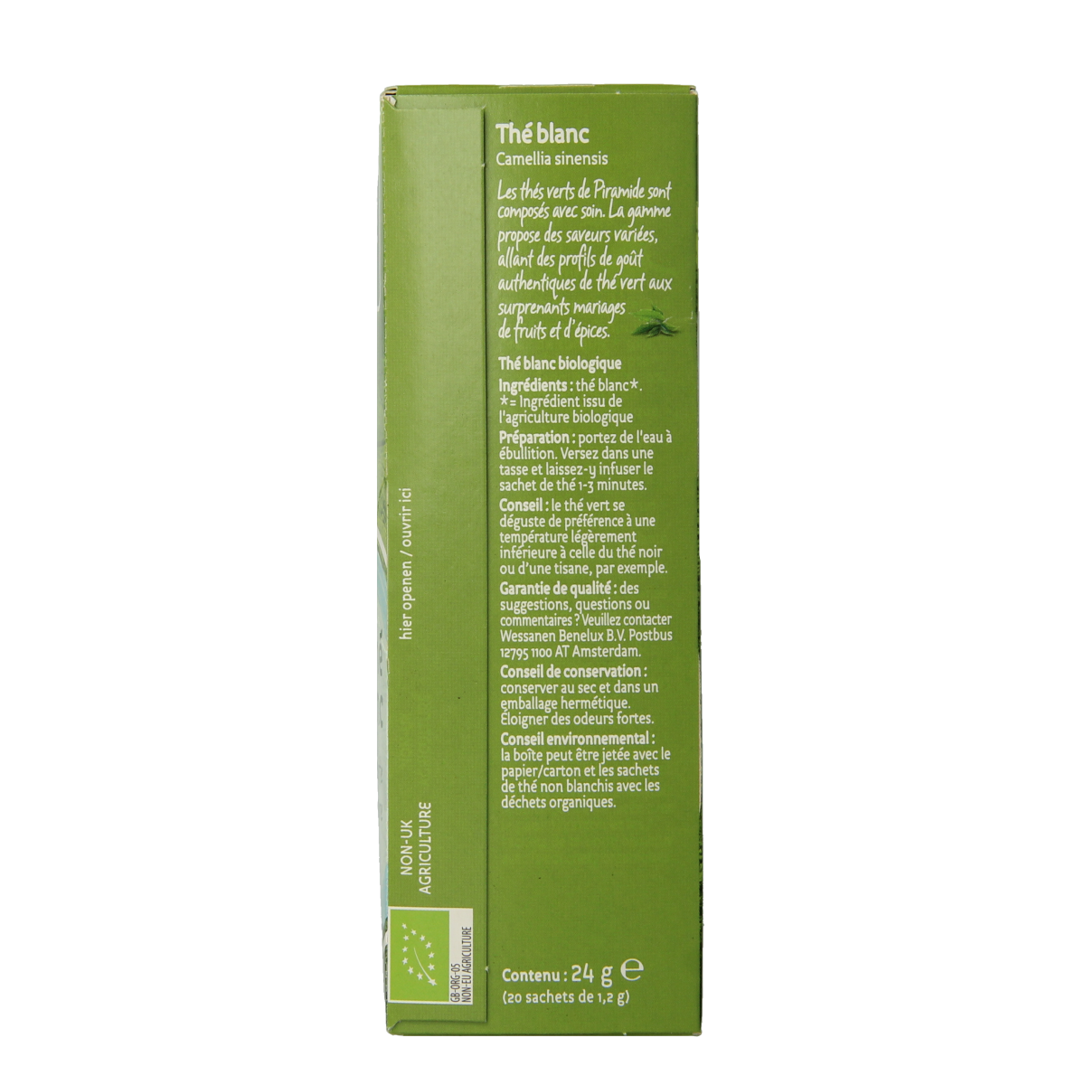 Piramide Witte thee original organic in 20 tea bags, natural white tea leaves and eco-friendly packaging.